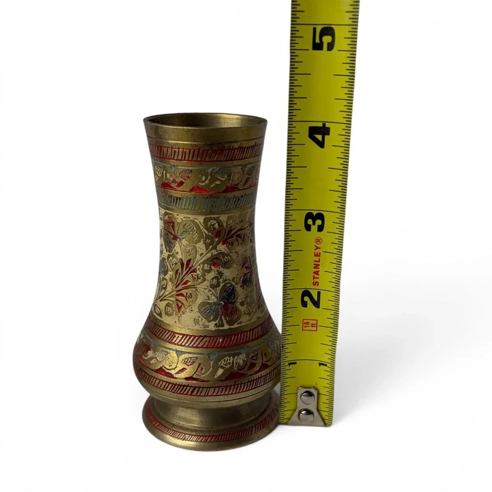 Vintage Engraved Brass Bud Vases Pair Indian Floral‎ Enamel Decor 4.25
